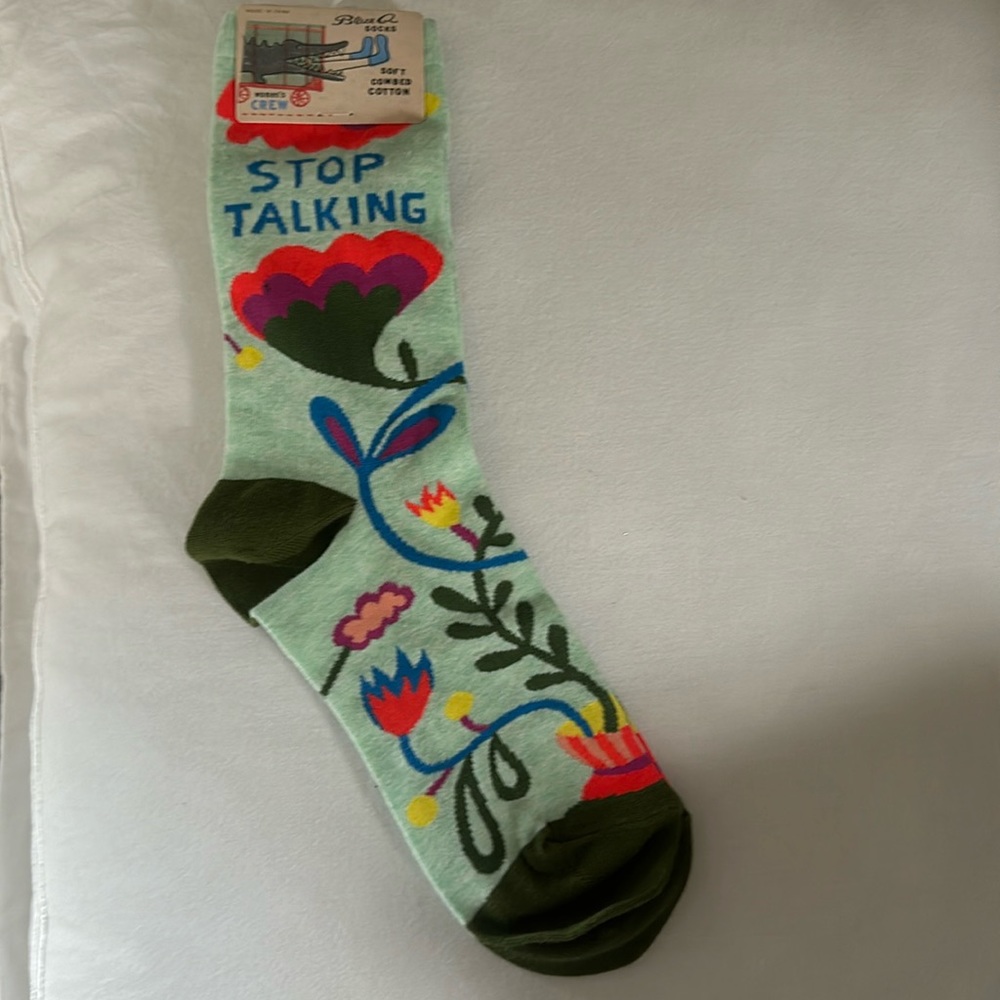 Blue q socks. Stop talking